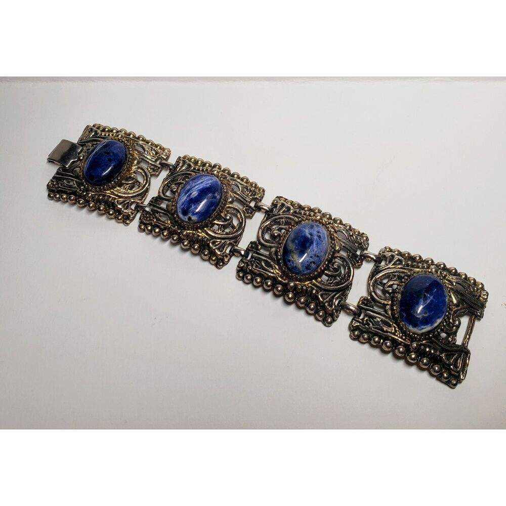 Vintage Silver-Tone Sodalite Statement Bracelet Boho Western